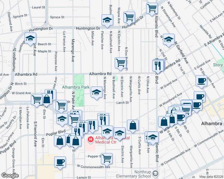 map of restaurants, bars, coffee shops, grocery stores, and more near 413 North Bushnell Avenue in Alhambra
