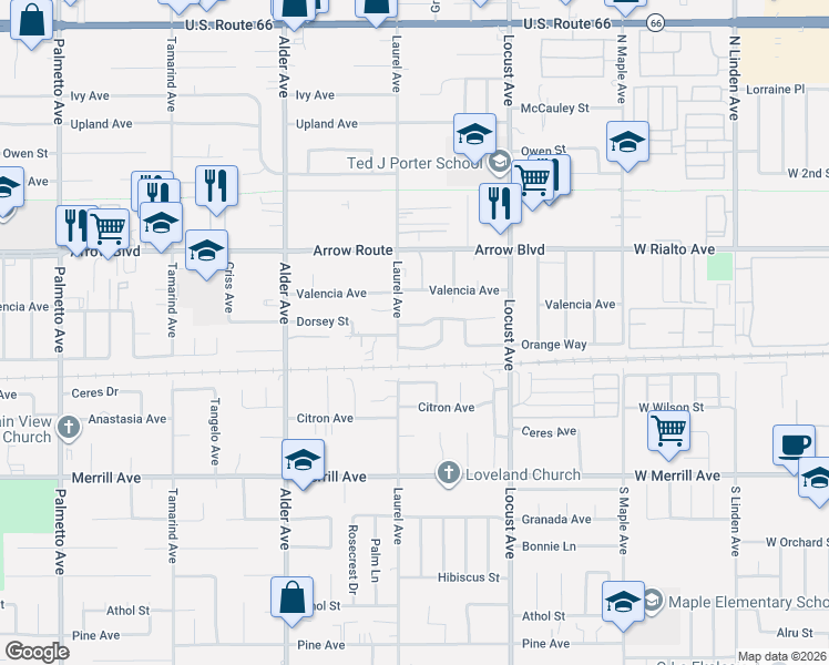 map of restaurants, bars, coffee shops, grocery stores, and more near 17923 Dorsey Way in Fontana
