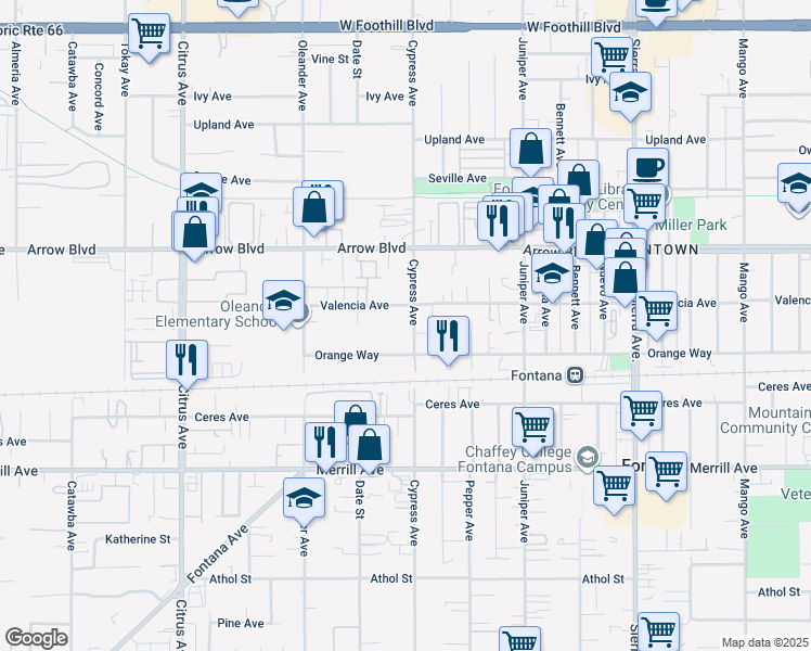 map of restaurants, bars, coffee shops, grocery stores, and more near 8636 Cypress Avenue in Fontana
