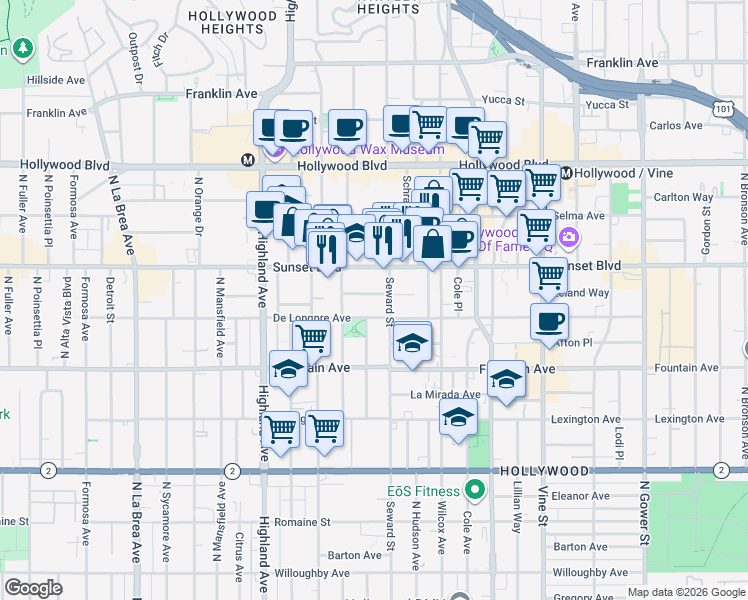 map of restaurants, bars, coffee shops, grocery stores, and more near 6616 Leland Way in Los Angeles