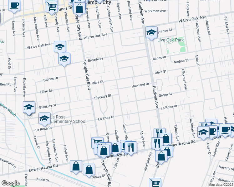 map of restaurants, bars, coffee shops, grocery stores, and more near 5303 Golden West Avenue in Temple City