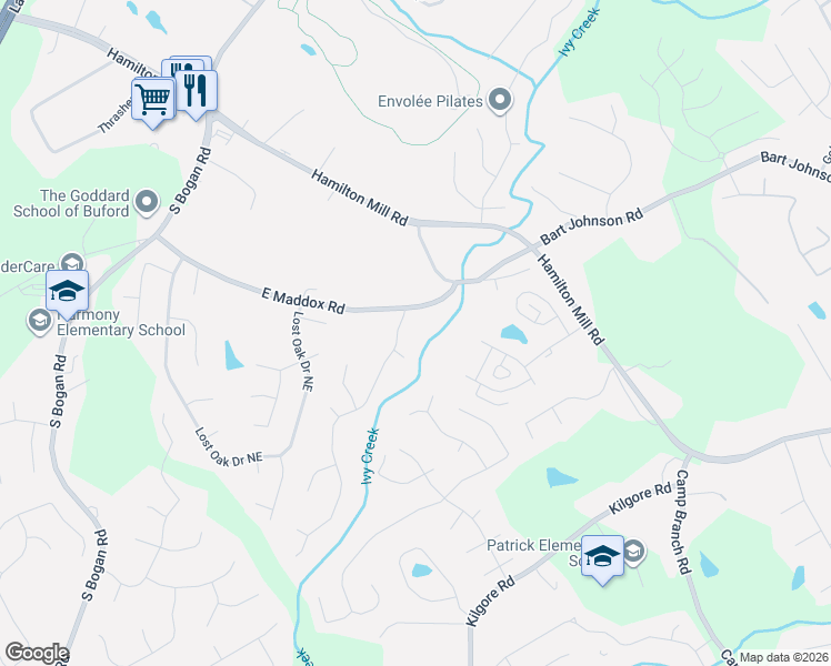map of restaurants, bars, coffee shops, grocery stores, and more near 3785 Rolling Creek Drive Northeast in Buford