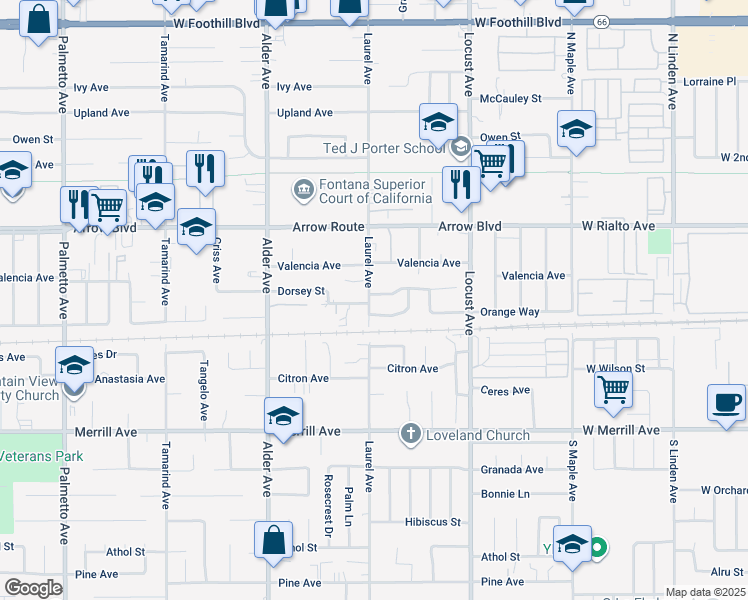 map of restaurants, bars, coffee shops, grocery stores, and more near 17903 Dorsey Way in Fontana