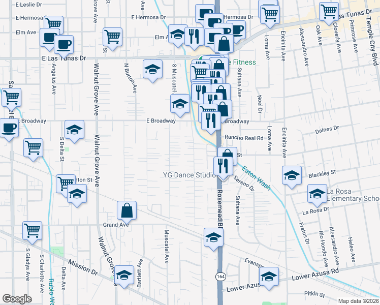 map of restaurants, bars, coffee shops, grocery stores, and more near 5313 Acacia Street in San Gabriel