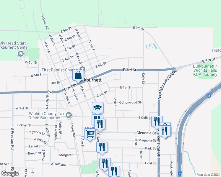 map of restaurants, bars, coffee shops, grocery stores, and more near 509 East 1st Street in Burkburnett