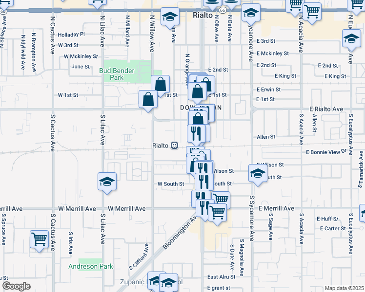 map of restaurants, bars, coffee shops, grocery stores, and more near 260 South Orange Avenue in Rialto