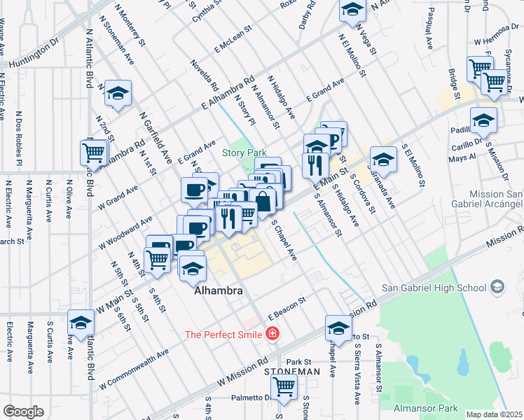 map of restaurants, bars, coffee shops, grocery stores, and more near 243 East Main Street in Alhambra