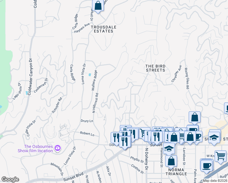 map of restaurants, bars, coffee shops, grocery stores, and more near 9405 Sierra Mar Place in Los Angeles