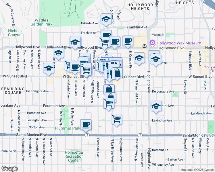 map of restaurants, bars, coffee shops, grocery stores, and more near 1420 North Detroit Street in Los Angeles