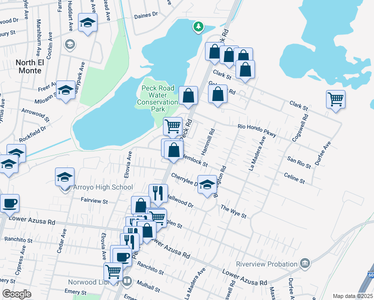 map of restaurants, bars, coffee shops, grocery stores, and more near 11613 Hemlock Street in El Monte