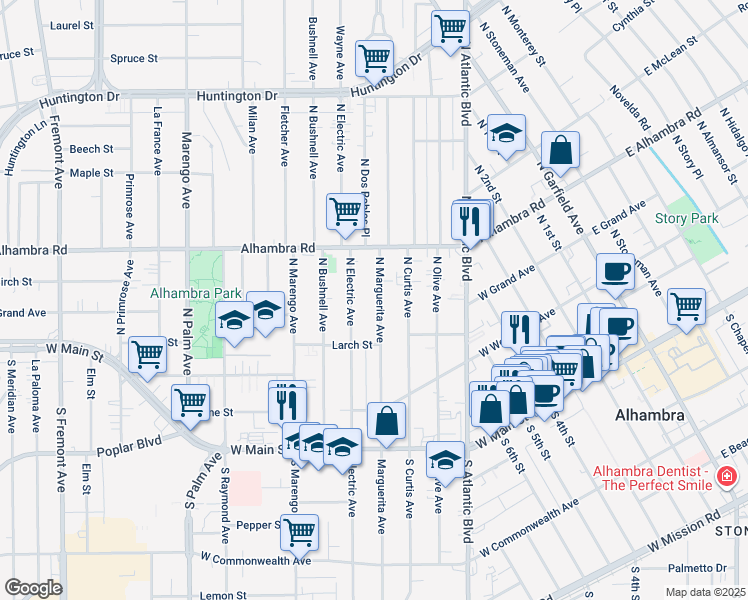 map of restaurants, bars, coffee shops, grocery stores, and more near 409 North Marguerita Avenue in Alhambra