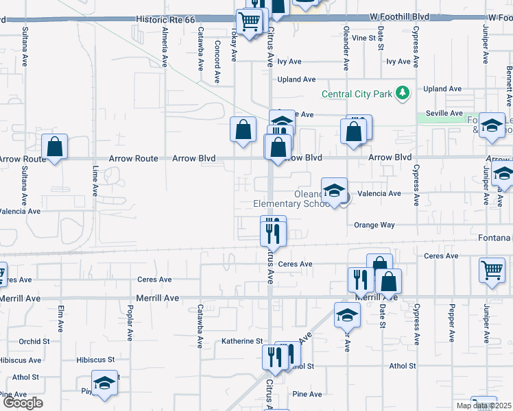 map of restaurants, bars, coffee shops, grocery stores, and more near 16065 Dorsey Avenue in Fontana