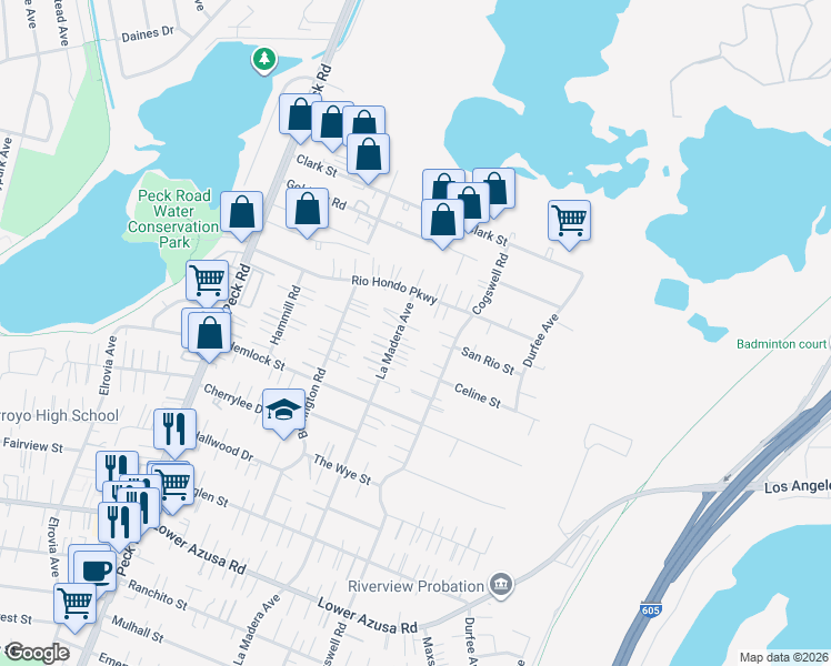 map of restaurants, bars, coffee shops, grocery stores, and more near 5339 Cogswell Road in El Monte