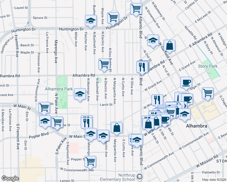 map of restaurants, bars, coffee shops, grocery stores, and more near 331 North Marguerita Avenue in Alhambra