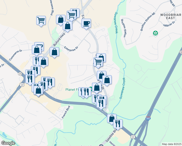 map of restaurants, bars, coffee shops, grocery stores, and more near 4280 South Lee Street in Buford