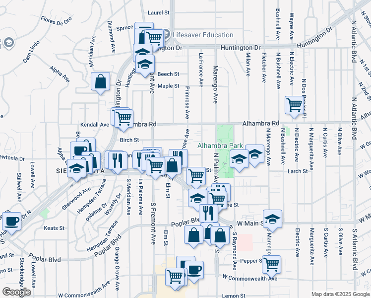 map of restaurants, bars, coffee shops, grocery stores, and more near 210 North Primrose Avenue in Alhambra