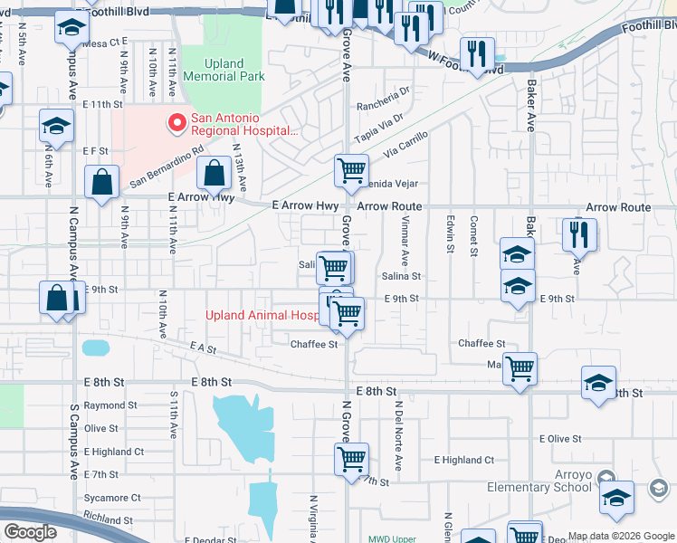 map of restaurants, bars, coffee shops, grocery stores, and more near 1486 Salina Street in Upland