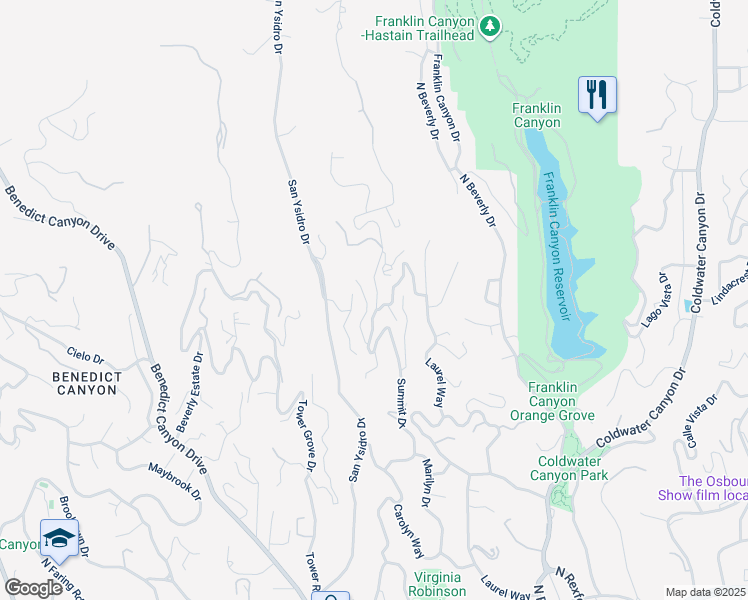 map of restaurants, bars, coffee shops, grocery stores, and more near 1441 Summitridge Drive in Beverly Hills