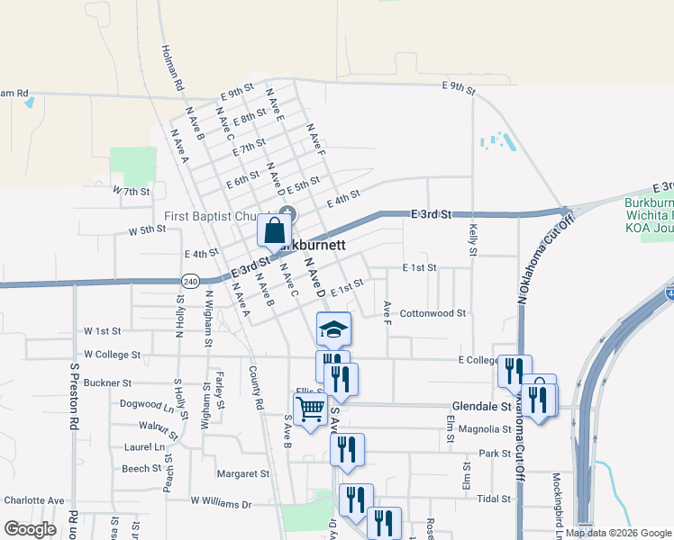 map of restaurants, bars, coffee shops, grocery stores, and more near 214 North Avenue D in Burkburnett