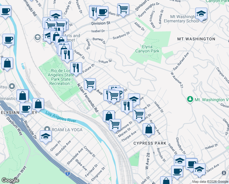 map of restaurants, bars, coffee shops, grocery stores, and more near 3211 Granada Street in Los Angeles