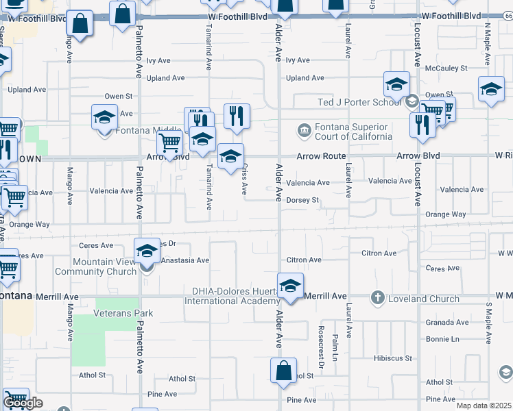 map of restaurants, bars, coffee shops, grocery stores, and more near 17635 Dorsey Street in Fontana