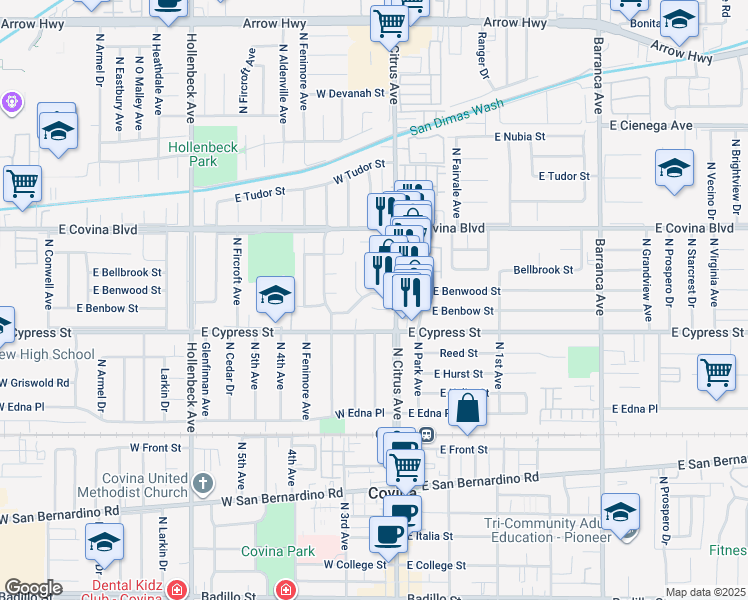 map of restaurants, bars, coffee shops, grocery stores, and more near 18414 East Benbow Street in Covina