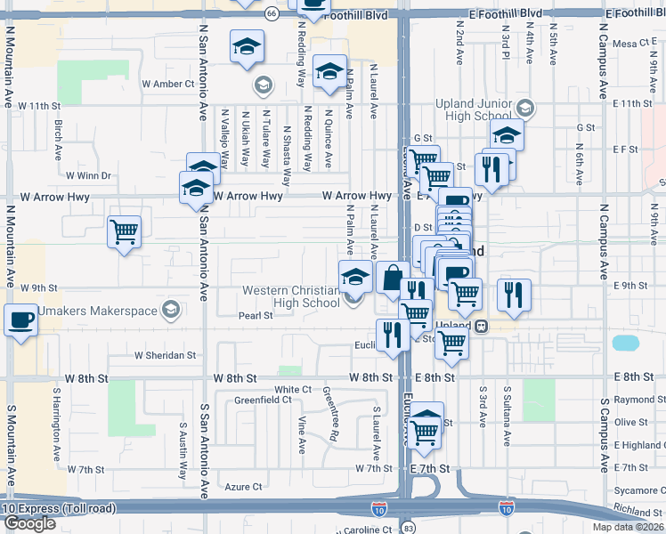 map of restaurants, bars, coffee shops, grocery stores, and more near 226 North Garnet Way in Upland