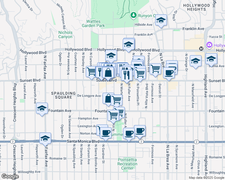 map of restaurants, bars, coffee shops, grocery stores, and more near 1431 North Vista Street in Los Angeles