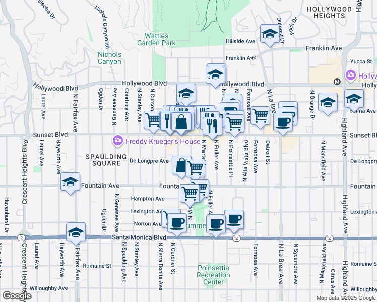 map of restaurants, bars, coffee shops, grocery stores, and more near 1416 North Vista Street in Los Angeles