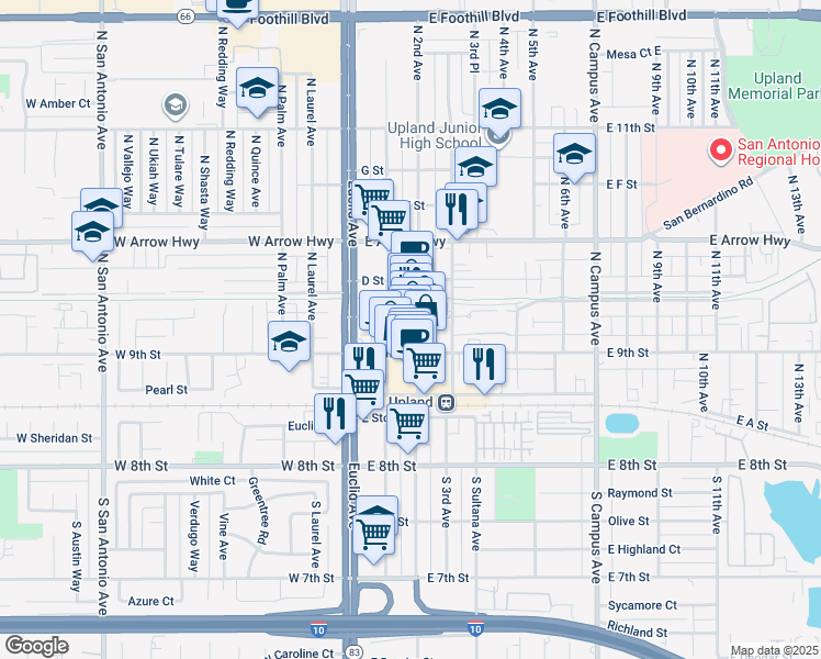 map of restaurants, bars, coffee shops, grocery stores, and more near 180 East C Street in Upland