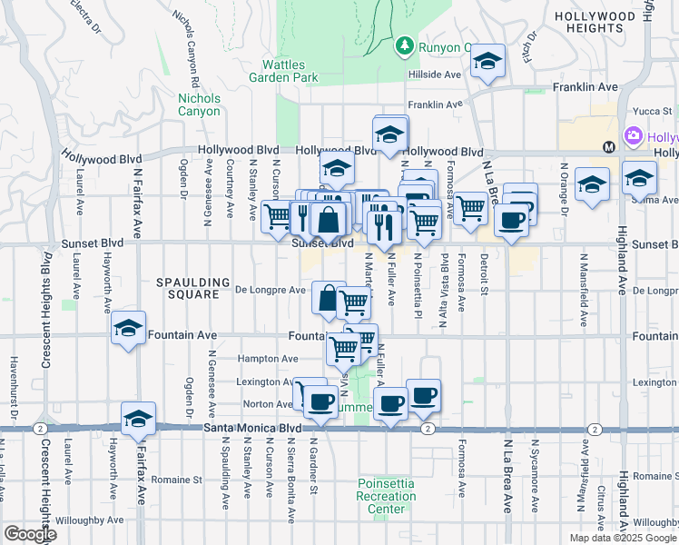 map of restaurants, bars, coffee shops, grocery stores, and more near 1431 North Vista Street in Los Angeles