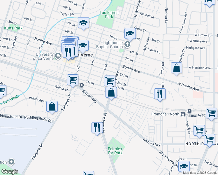 map of restaurants, bars, coffee shops, grocery stores, and more near 2109 North White Avenue in La Verne