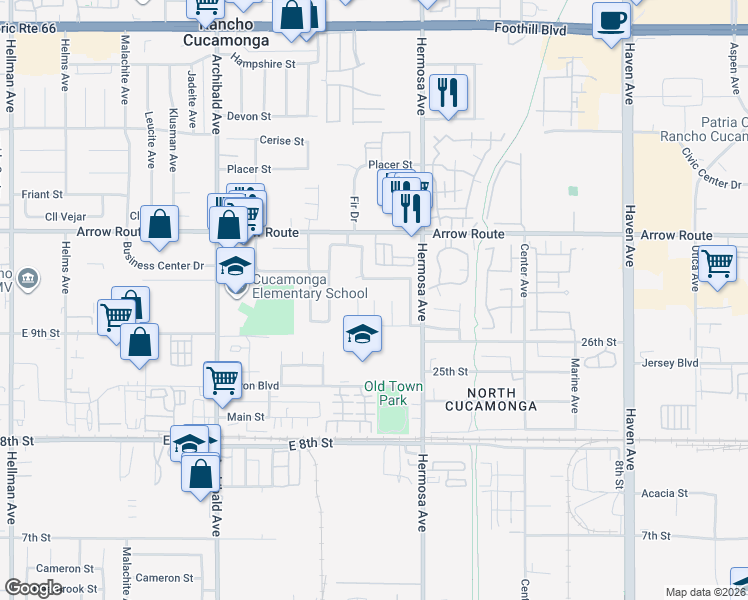 map of restaurants, bars, coffee shops, grocery stores, and more near 8541 Oak Drive in Rancho Cucamonga