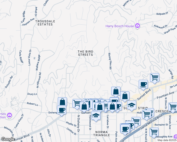 map of restaurants, bars, coffee shops, grocery stores, and more near 1517 Oriole Lane in Los Angeles