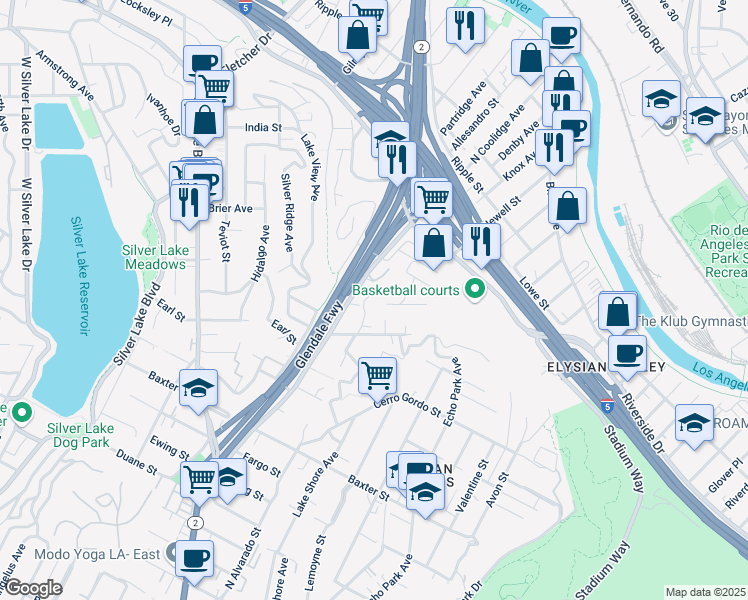 map of restaurants, bars, coffee shops, grocery stores, and more near 2414 North Alvarado Street in Los Angeles