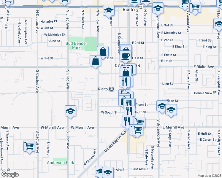map of restaurants, bars, coffee shops, grocery stores, and more near 261 South Palm Avenue in Rialto