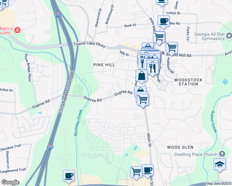 map of restaurants, bars, coffee shops, grocery stores, and more near 121 Dupree Road in Woodstock
