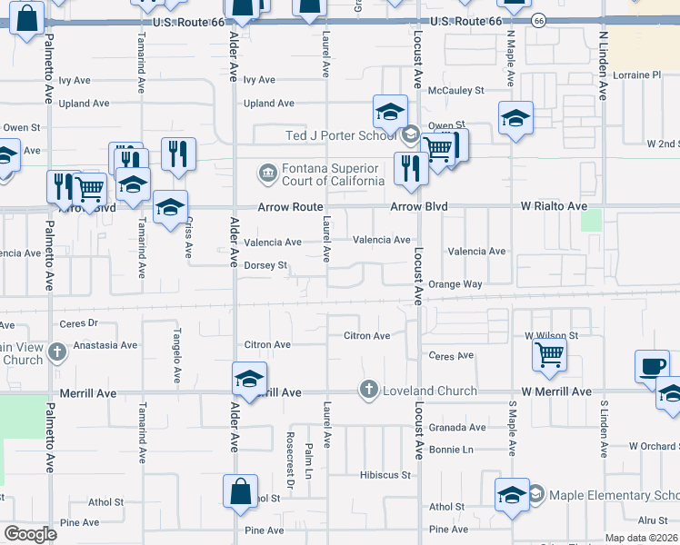 map of restaurants, bars, coffee shops, grocery stores, and more near 17923 Dorsey Way in Fontana