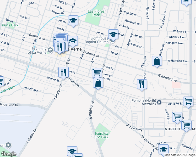 map of restaurants, bars, coffee shops, grocery stores, and more near 2109 North White Avenue in La Verne