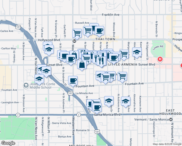 map of restaurants, bars, coffee shops, grocery stores, and more near 1394 North Serrano Avenue in Los Angeles