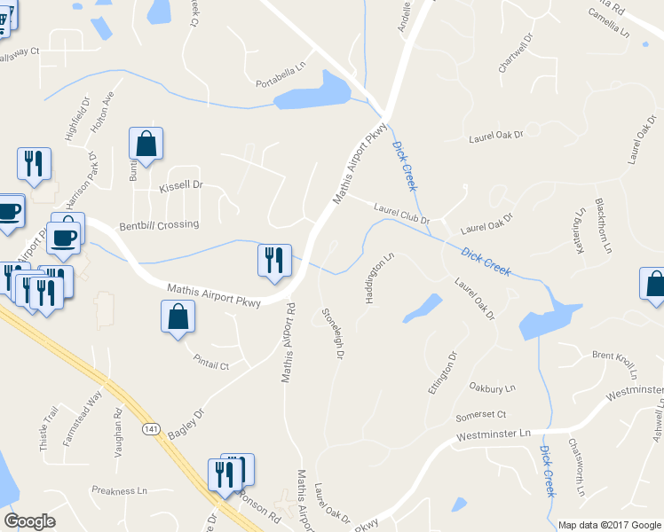 map of restaurants, bars, coffee shops, grocery stores, and more near 5860 Stoneleigh Drive in Suwanee
