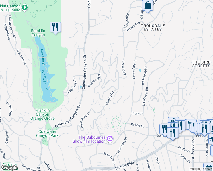 map of restaurants, bars, coffee shops, grocery stores, and more near 9317 Readcrest Drive in Beverly Hills