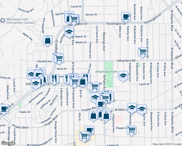 map of restaurants, bars, coffee shops, grocery stores, and more near 210 North Primrose Avenue in Alhambra