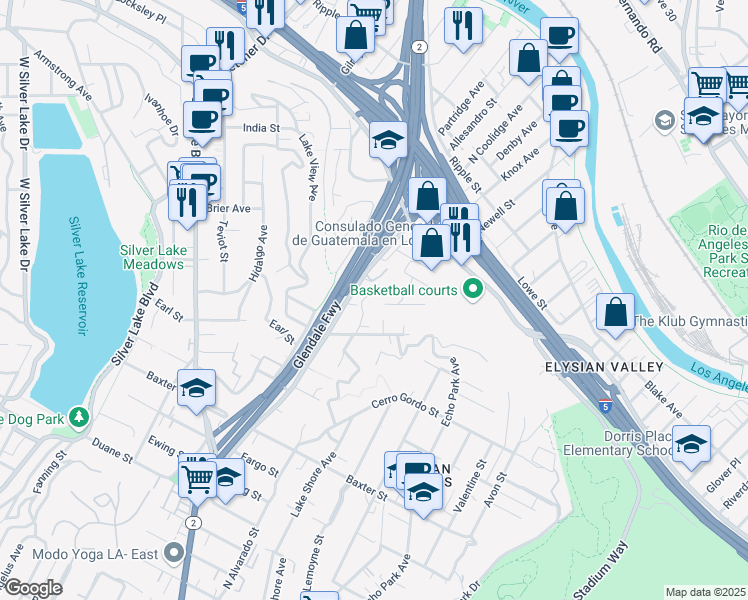 map of restaurants, bars, coffee shops, grocery stores, and more near 2414 North Alvarado Street in Los Angeles