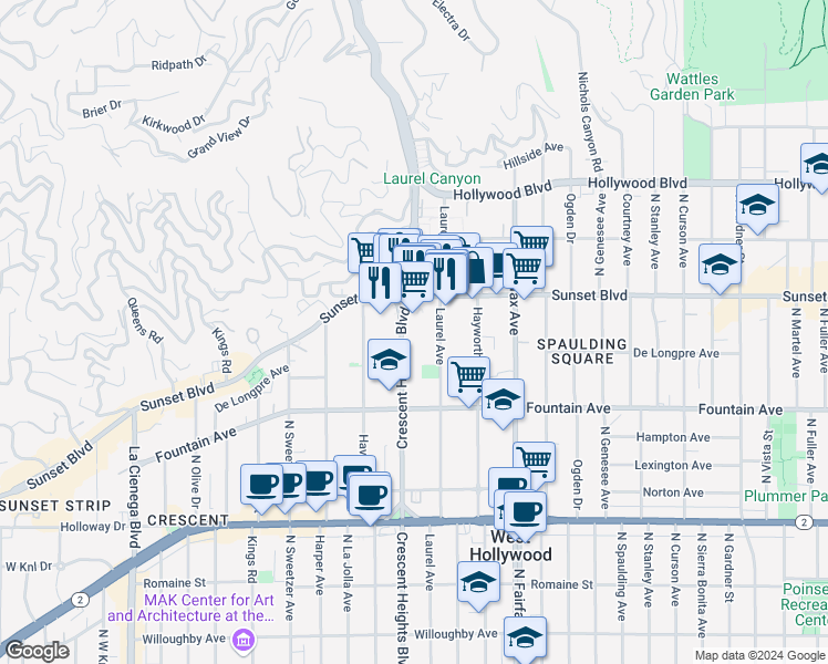 map of restaurants, bars, coffee shops, grocery stores, and more near 1424 North Crescent Heights Boulevard in West Hollywood
