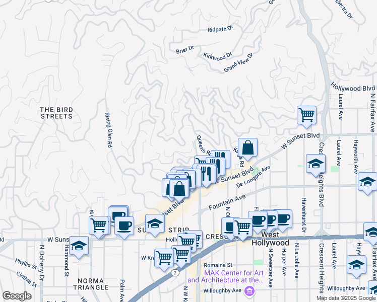 map of restaurants, bars, coffee shops, grocery stores, and more near 8527 Hedges Way in Los Angeles