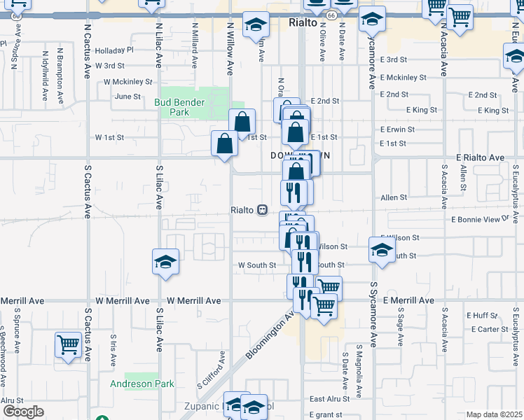 map of restaurants, bars, coffee shops, grocery stores, and more near 261 South Palm Avenue in Rialto
