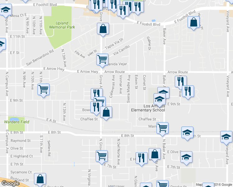 map of restaurants, bars, coffee shops, grocery stores, and more near 8198 Salina Street in Rancho Cucamonga