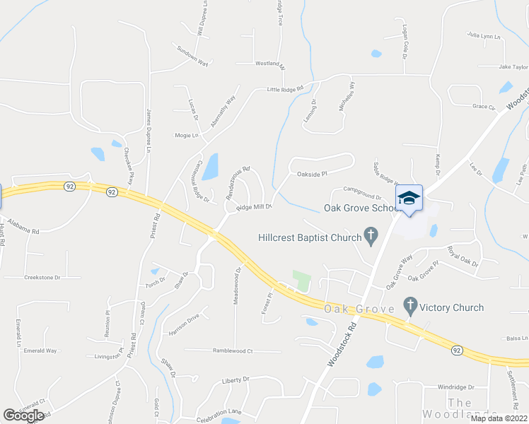 map of restaurants, bars, coffee shops, grocery stores, and more near 228 Ridge Mill Drive in Acworth