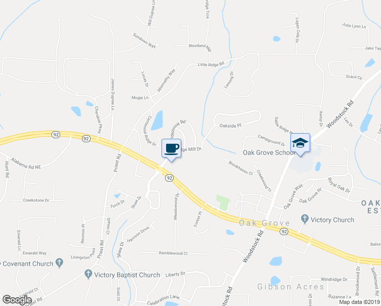 map of restaurants, bars, coffee shops, grocery stores, and more near 218 Ridge Mill Drive in Acworth